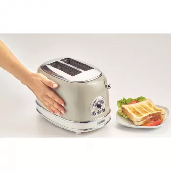 Ariete 155 Design 2 Slotu Toasteris ar Sviestmaižu Turētājiem, 6 Grauzdēšanas Līmeņi, 810 W, Nerūsējošā Tērauda Korpuss, Noņemama Drupaču Paplāte, Pasteļa Bēšs