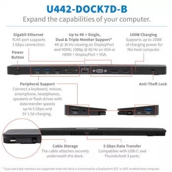 USB-C Dokstacija, Trīs Ekrāni - 4K HDMI & DP, VGA, USB 3.2 Gen 1, USB-A/C Hubs, GbE, 100W PD Lādēšana
