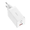 Sienas lādētājs Baseus GaN5 Pro 65W — USB + 2×USB-C (QC3.0, PD3.0) ar 1m USB-C kabeli, balts