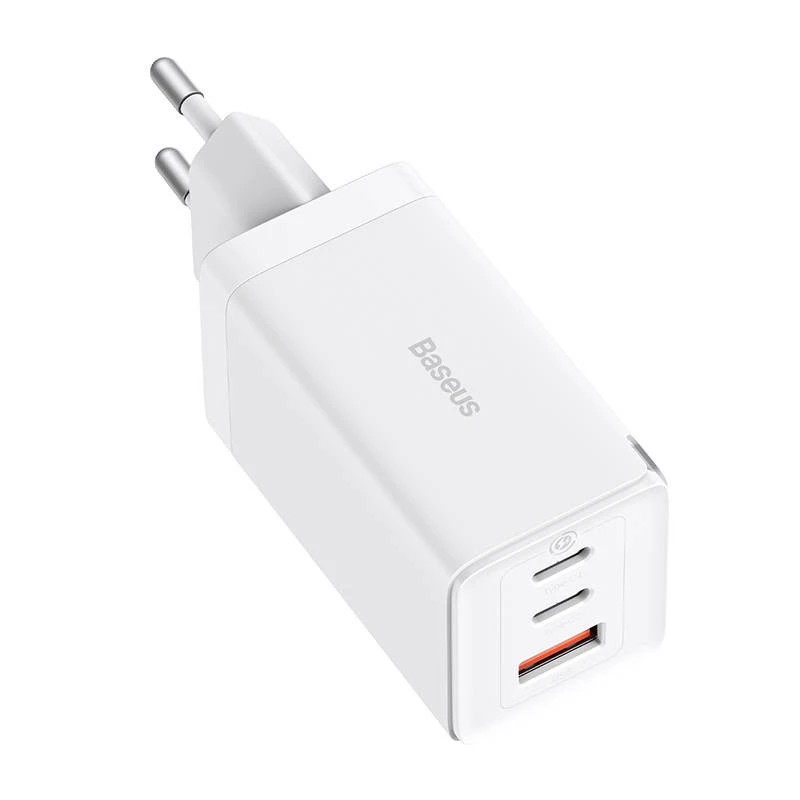 Sienas lādētājs Baseus GaN5 Pro 65W — USB + 2×USB-C (QC3.0, PD3.0) ar 1m USB-C kabeli, balts
