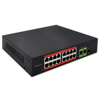 Ethernet PoE slēdzis QOLTEC 16x RJ45, 2x RJ45 augšupielāde, 1x SFP (MPN 52291)