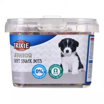 Suņu apmācības gardumi Trixie Junior Dots 140 g — mīksti laša našķi kucēniem
