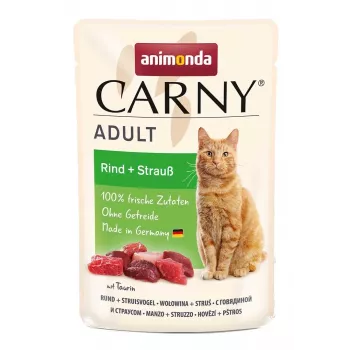 Animonda Carny liellopa gaļa un strauss slapjā kaķu barība 85 g — pieaugušiem, bezgraudu, paciņa
