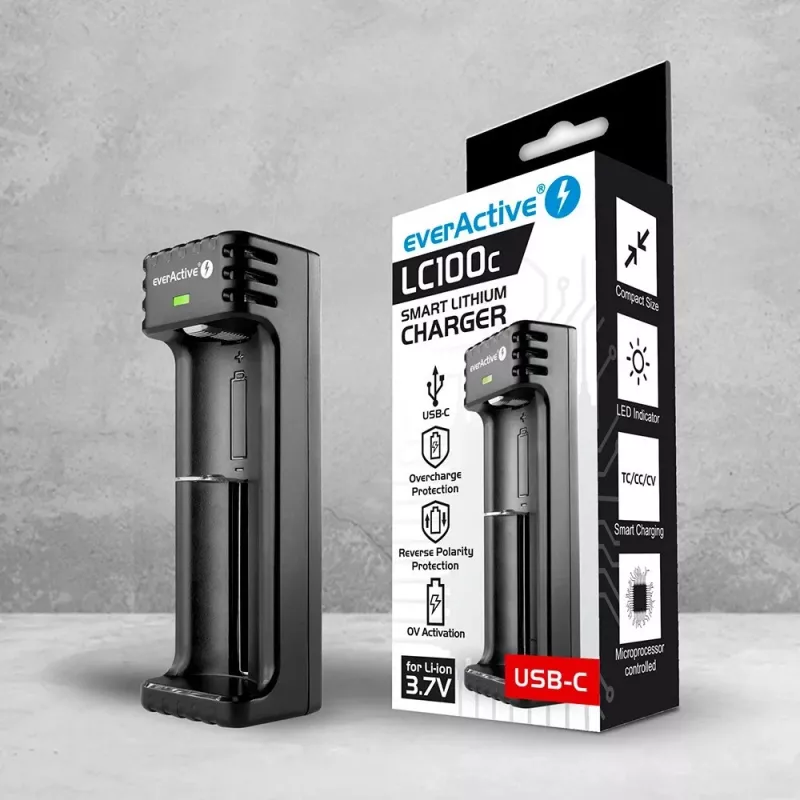 Lādētājs akumulatoriem everActive LC100C USB-C Li‑Ion šūnām, USB-C ieeja, modelis LC100C