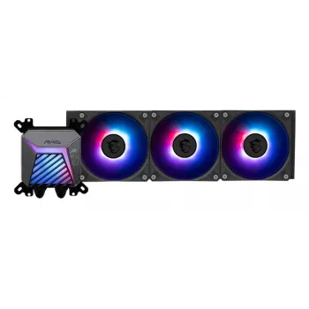 Šķidruma dzesēšanas sistēma MSI MAG Coreliquid A15 360 — 3x 120 mm ventilatori, radiators 394 x 120 x 27 mm, sūknis 5V, RGB, atbalsta LGA 1851