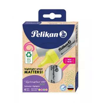 Pelikan Textmarker 490 eco marķieru komplekts 4 gab., slīpais gals, zaļa, oranža, rozā, dzeltena