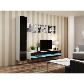 TV statīvs Cama Meble VIGO NEW 30/180/40, balta virsma, melns spīdīgs rāmis, 1800×400×300 mm