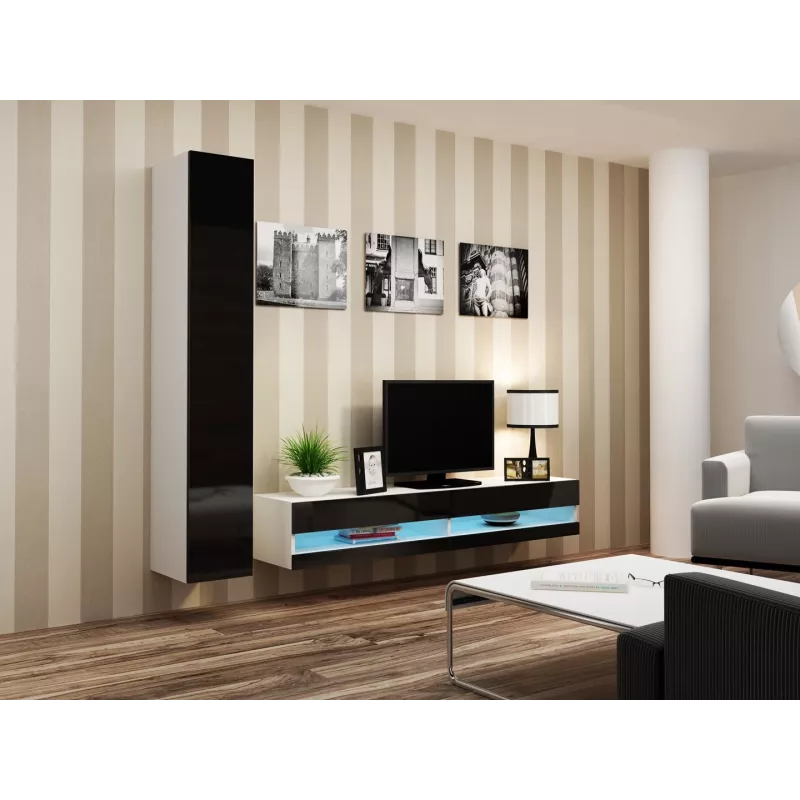 TV statīvs Cama Meble VIGO NEW 30/180/40, balta virsma, melns spīdīgs rāmis, 1800×400×300 mm