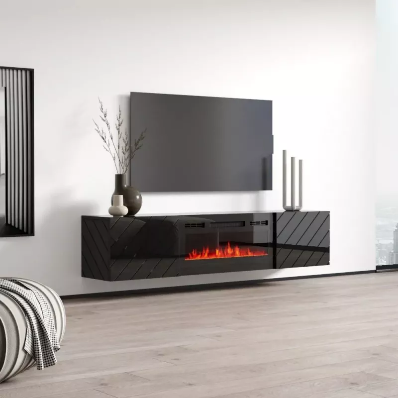 TV skapis cama meble LUXE 301126 ar iebūvētu elektrisko kamīnu, 182.6×34.5×37.5 cm, melns spīdums