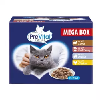PREVITAL kaķu barības megabox ar jēru, liellopu, trusi un vistu mērcē - mitrā barība kaķiem - 24 x 100g