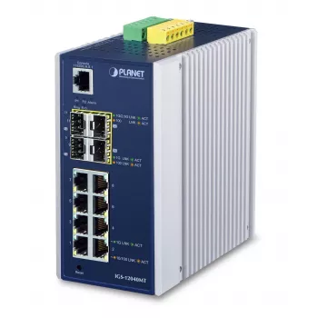 PLANET IGS-12040MT - Slēdzis - Pārvaldāms - 8 x 10/100/1000 + 4 x Gigabit SFP - DIN sliedes montāža, sienas montāža - AC 24 V / DC 12-72 V