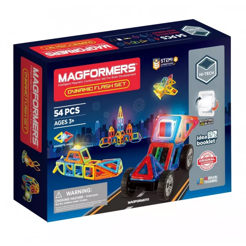 MAGFORMERS Dynamic Flash 54 gab. — magnētiskās būvēšanas flīzes, kvadrāti un trijstūri