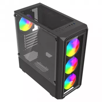 PC korpuss Cube SAVIO Noctis Glass RGB — Melns, ATX/Micro-ATX, 210×410×450 mm, 3×120 mm priekšējie ventilatori