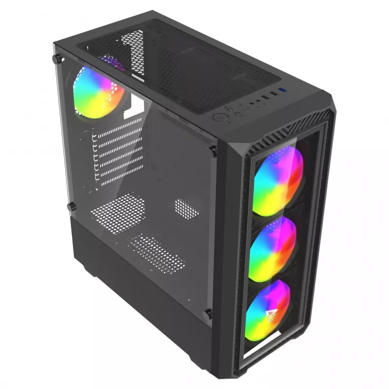 Datora korpuss Savio Noctis Glass RGB Cube, ATX/Micro-ATX/Mini-ITX, rūdīta stikla priekšpuse, RGB ventilatori, melns