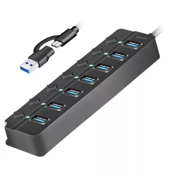 USB 3.2 Gen1 7 portu centrmezgls ar ieslēgšanas/izslēgšanas slēdžiem, melns