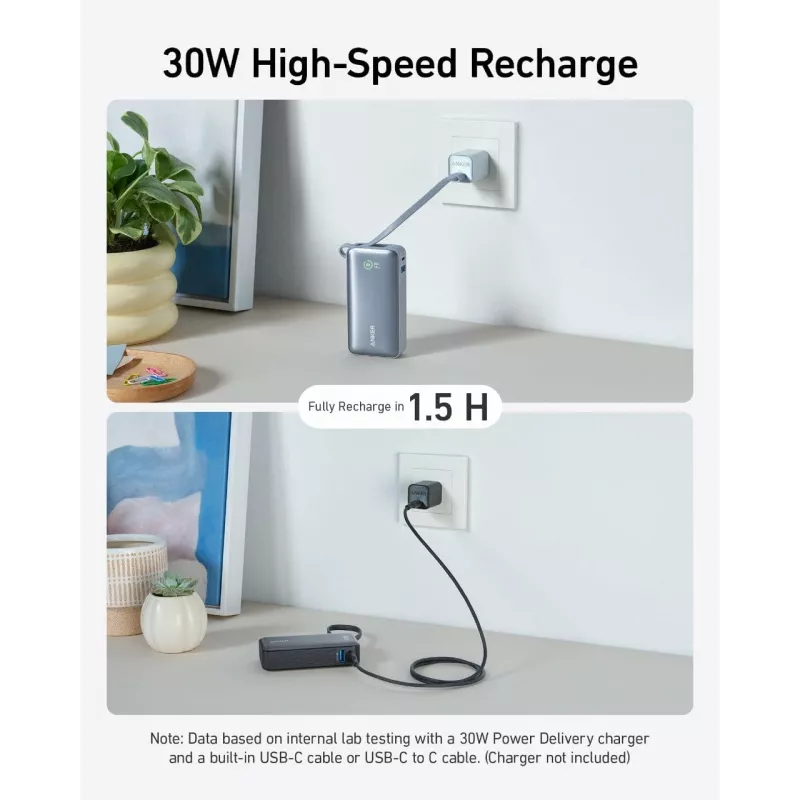 Anker Powerbank 545 NANO 30W 10000mAh ar iebūvētu USB-C kabeli, melna