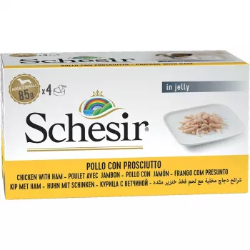Slapjā suņu barība Agras Pet Foods Schesir Vistas gaļa ar šķiņķi želejā, 4 x 85 g