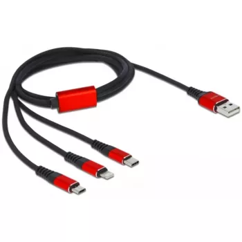 USB lādēšanas kabelis DeLOCK 3 in 1 Type-A uz Lightning / 2 x USB Type-C 1 m melns/sarkans
