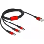 USB lādēšanas kabelis DeLOCK 3 in 1 Type-A uz Lightning / 2 x USB Type-C 1 m melns/sarkans