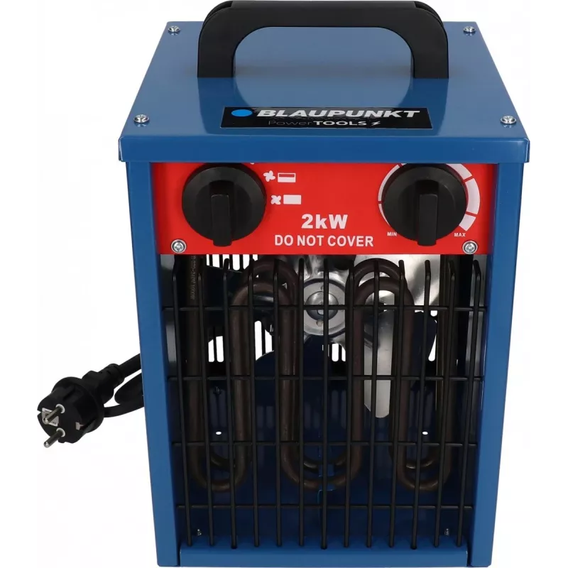 Sildītājs ar ventilatoru BLAUPUNKT EH7010 — 2000 W, nerūsējošā tērauda elements, IPX4, grīdas novietošana, līdz 22 m², melns/zils/sarkans