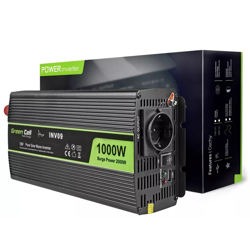 Green Cell INV09 tīkla sprieguma pārveidotājs 12V->230V 1000W melns