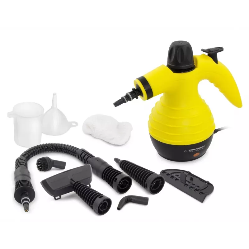 Portatīvais tvaika tīrītājs ESPERANZA EHS001 — 0.35 L, 900 W, 3 bāri, 115°C, 40 g/min, komplektā grīdas/mīksto mēbeļu/suku sprauslas