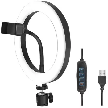 LogiLink AA0151 LED gredzenveida lampa viedtālruņiem, Ø 200 mm, 3 gaismas krāsu režīmi, regulējams spilgtums, 1/4 collas statīva vītne, ar tālruņa turētāju, USB, 1,8 m vads, melnā krāsā