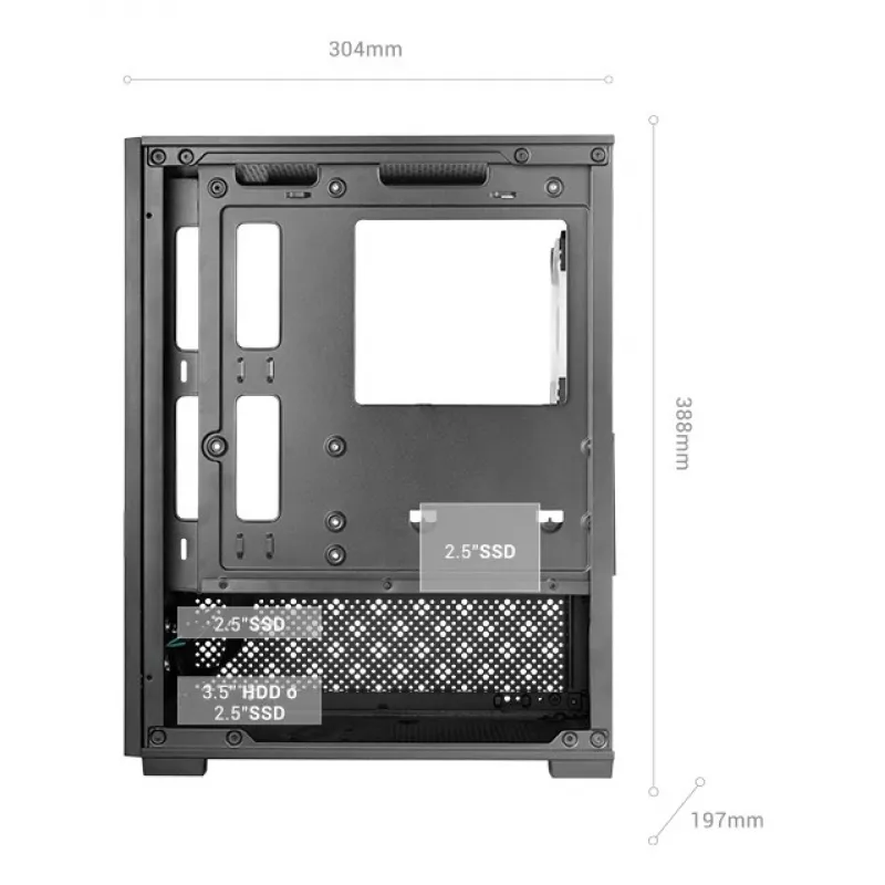 Mini Tornis PC korpuss TACENS Mars Gaming MC-SE2 — Mini-ITX / Micro-ATX, melns, sānu logs, barošanas bloks apakšā, atbalsta 2x2.5 collu + 1x3.5 collu