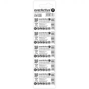 Litija monētas baterija everActive CR1220 — 3V, 40 mAh, 12.5×2 mm, vienreizēja, 5 gab.