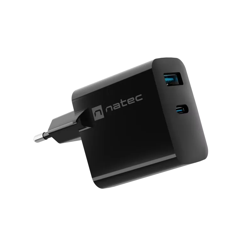 Vadu mobilās ierīces lādētājs NATEC NUC-2145, 65W, USB-C PD 3.0 + QC 3.0, 1x USB-C, 1x USB-A, 110–240V, Melns