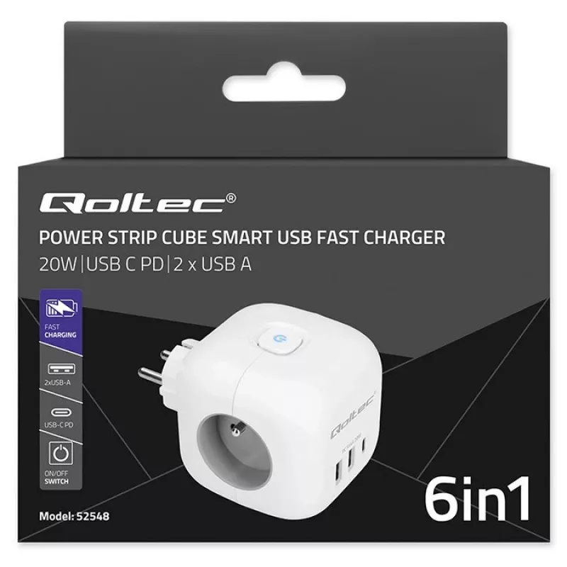 Pagarinātājs QOLTEC 52548 ar 3×AC kontaktligzdām un USB portu