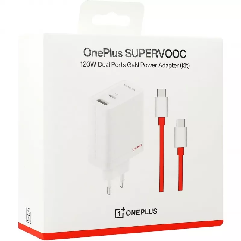 Strāvas adapteris ONEPLUS SUPERVOOC 120W divu portu vadu lādētājs, 120W kopējā jauda, 1x USB-C + 1x USB-A, 100–240V, 145 g, balts