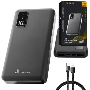 Power bank Extralink EPB-098B 10000 mAh, LiPo, 2× USB-A + 1× USB-C, melns