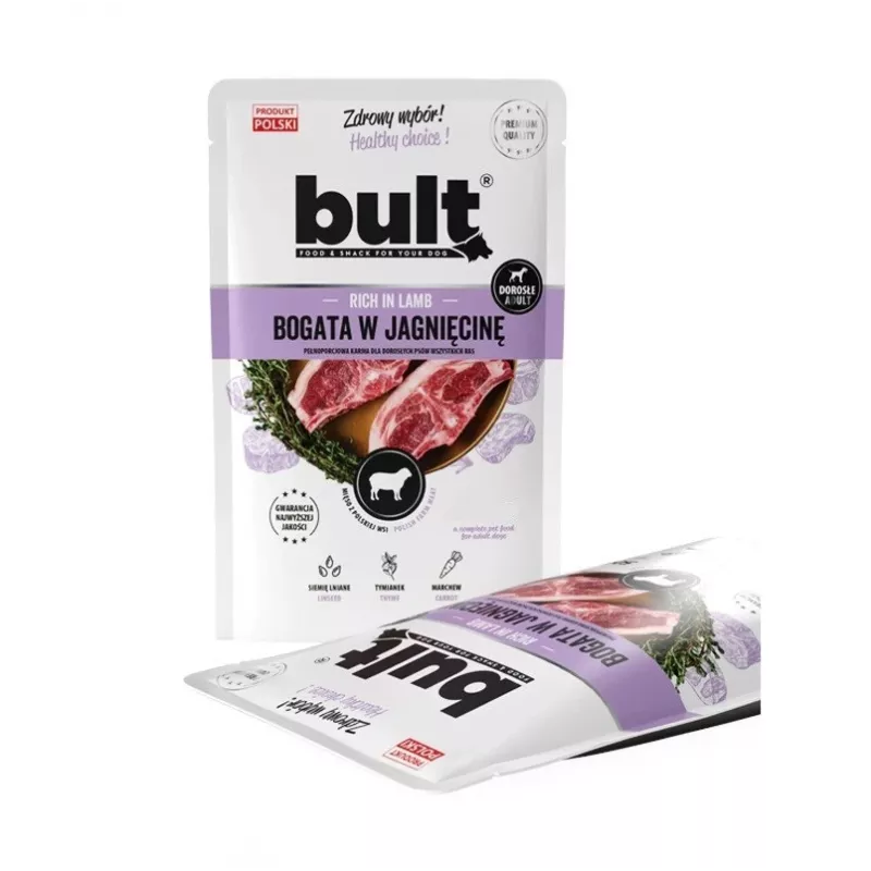 Slapjā suņu barība BULT Rich in lamb 100 g paciņa — pilnvērtīga pieaugušo barība