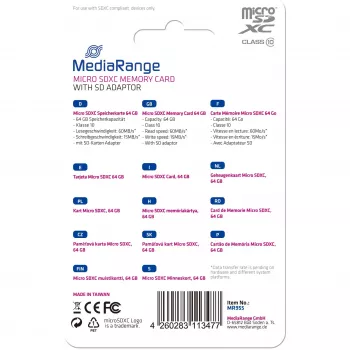 Atmiņas karte MediaRange 64GB MicroSDXC Class 10 MR955