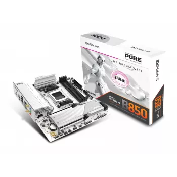 Mātesplate Sapphire PURE B850M WIFI Micro ATX — AMD B850, Socket AM5, DDR5 līdz 8000 MHz, 4 DIMM, Wi‑Fi 6, 2.5Gb LAN, 2× M.2, PCIe 5.0 x16