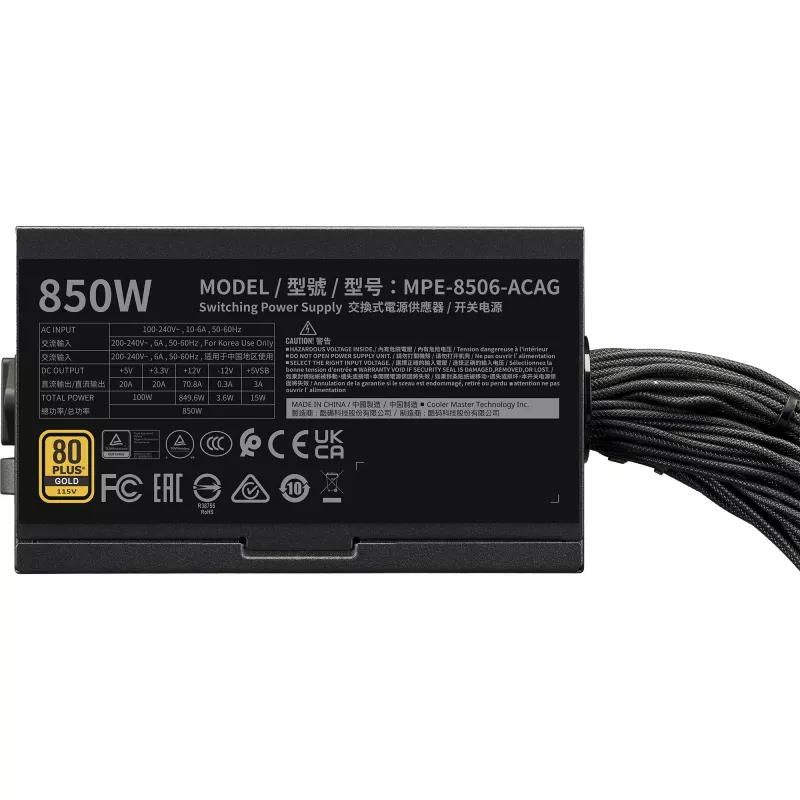 Cooler Master MWE Gold 850 V3 barošanas bloks 850W 80+ Gold nemodulārs ATX 3.1 ventilators 120mm garantija 5 gadi