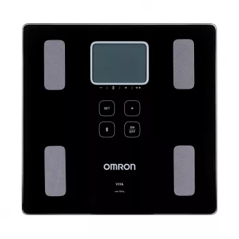 Elektroniskie personīgie svari Omron VIVA — kvadrātveida, melni, max 150 kg, 100 g precizitāte, ķermeņa tauki/ĶMI/BMR, 30 lietotāju atmiņa