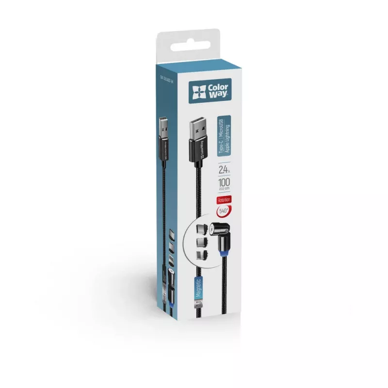 3-in-1 uzlādes kabelis ColorWay CW-CBUU037-BK — Lightning, Micro-USB, USB-C, 1 m, 2,4 A