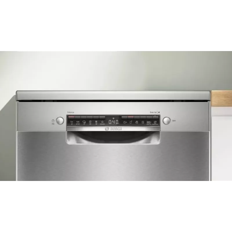 Brīvi stāvoša trauku mazgājamā mašīna Bosch SMS4EVI04E — 13 komplekti, 44–46 dB, Energoefektivitātes klase D, 60×60×84.5 cm