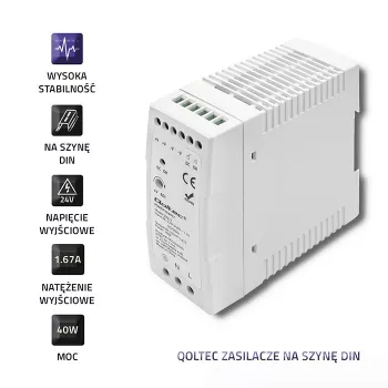 Qoltec Din Sliežu Barošanas Bloks | 40W | 24V | 1.67A | Balts | Plāns