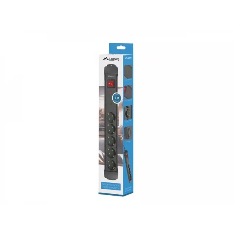 Pagarinātājs Lanberg SP1-05F-0500-BK 5m 5 kontaktligzdas Iekštelpām Melns