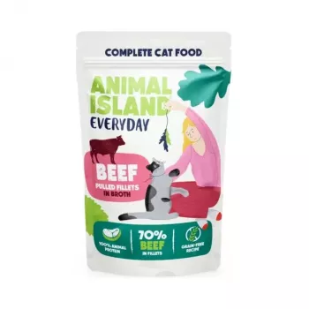 Slapjā barība kaķiem animal island Everyday liellopa un vistas filejas buljonā, 40×85 g multipaka