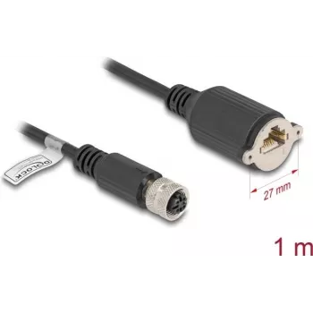 Tīkla kabelis DeLOCK M12 D-kodēts 4 kontaktu sievišķais uz RJ45 paneļligzdu Cat5e 1m Melns