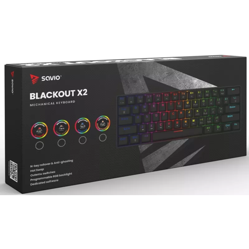 Mehāniskā spēļu tastatūra SAVIO BLACKOUT X2 BRŪNA 61 taustiņš 60% USB QWERTY RGB Outemu Brown