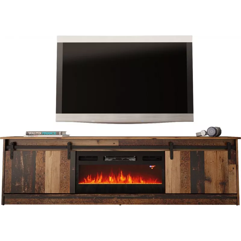 TV skapis Cama Meble GRANERO ar kamīna sekciju, 2000×567×350 mm, skaidu plātne/MDF, bīdāmās 2 durvis, matēts vecais koks