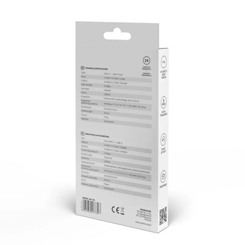 USB centrmezgls SAVIO AK-54 — 4 x USB-A (USB 3.2 Gen 1), USB-C saimnieks, melns
