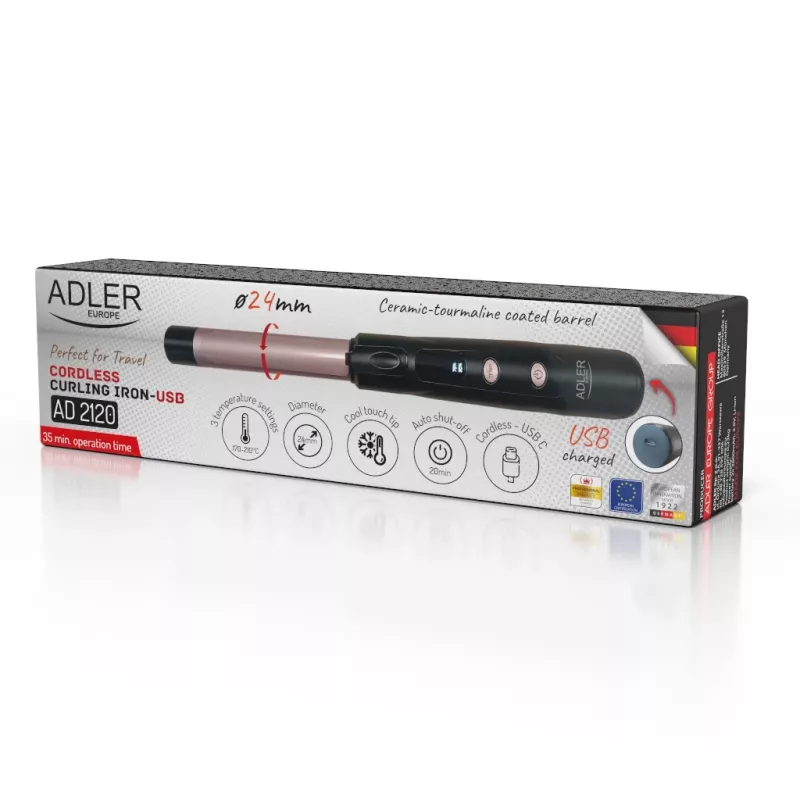 Adler AD 2120 bezvadu matu ruļļu knaibles ar USB, keramikas-turmalīna pārklājums, LED displejs, no 170 °C, melnas/rozā zelta