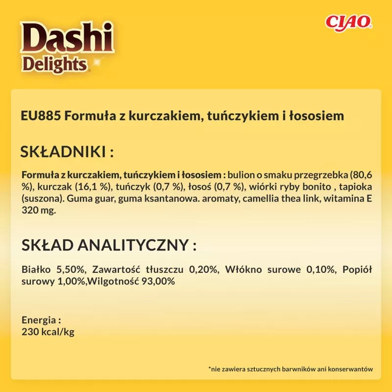 Slapjš kaķu gardums INABA Dashi Delights Silky Broth — Vistas gaļa ar tunzivi un lasi, 40 g paciņa, 93% mitrums, gremošanas atbalsts