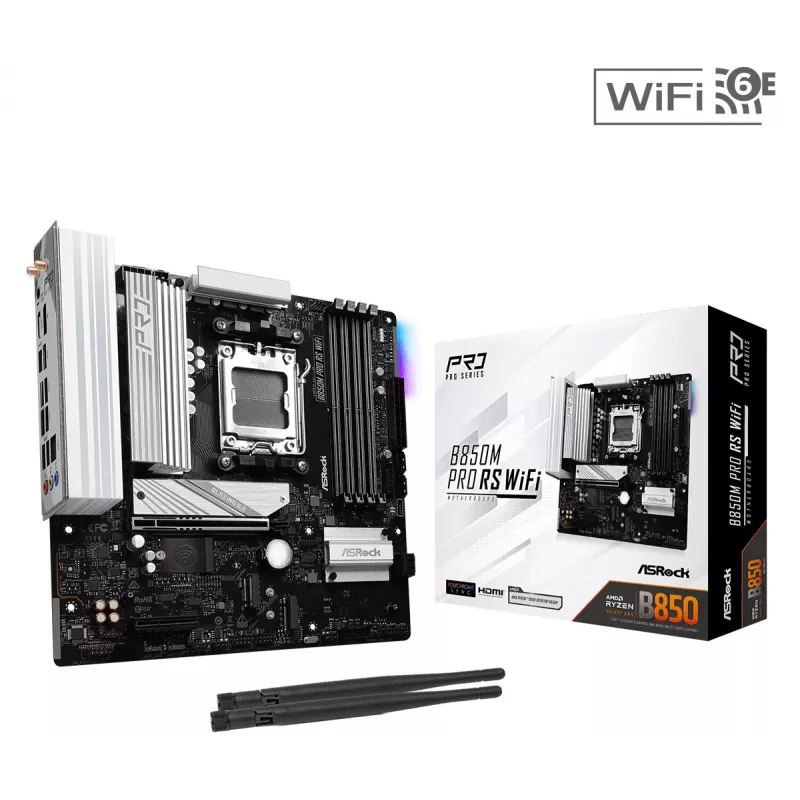 Mātesplate ASRock B850M Pro RS WiFi — AMD B850, Socket AM5, microATX, DDR5, 4 DIMM, 256GB, Wi‑Fi 6E, 2.5Gb LAN, 3x M.2